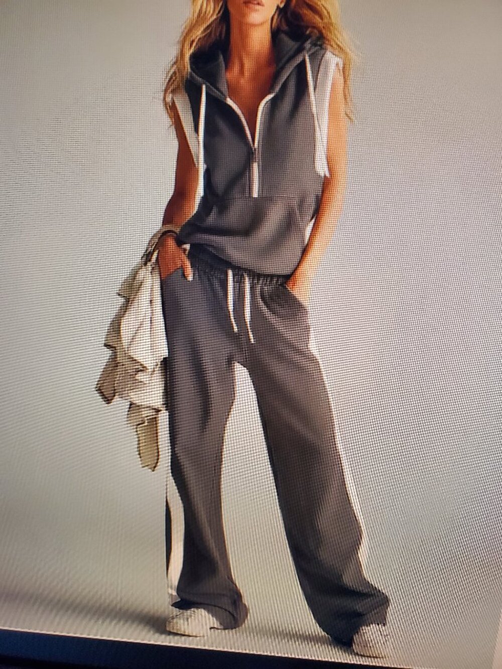 Hooded Sleeveless Zip Top, Drawstring Wide Leg Pants Set, Track Suit Set